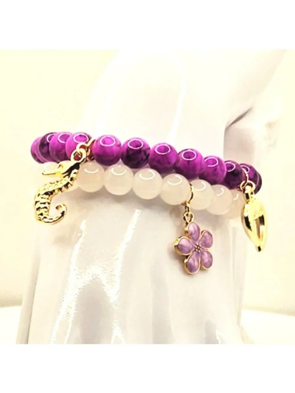Purple Seahorse Bracelet Stack, Coastal Charm Bracelet Set, Beachy